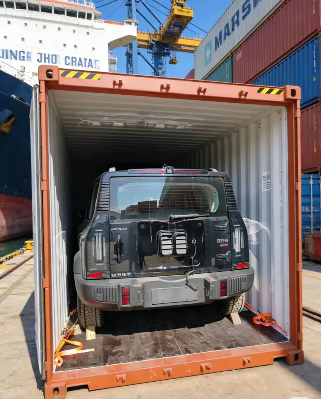SUV secured inside a 40HQ container